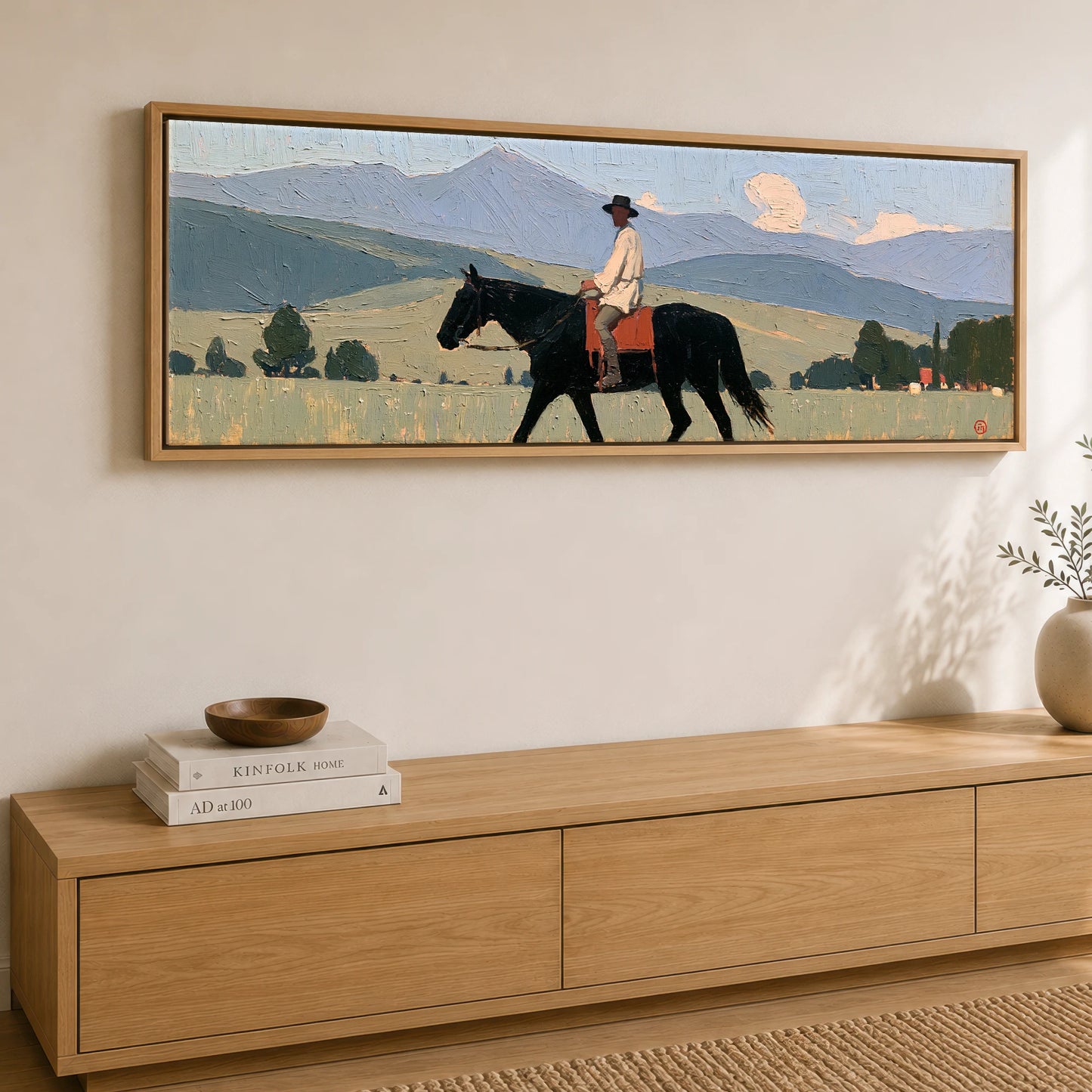 Across the Blue Ranges Horse Landscape panoramic canvas wall art displayed above a sideboard
