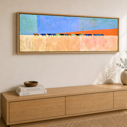 Painted Desert Drive Western Horse panoramic canvas wall art displayed above a sideboard