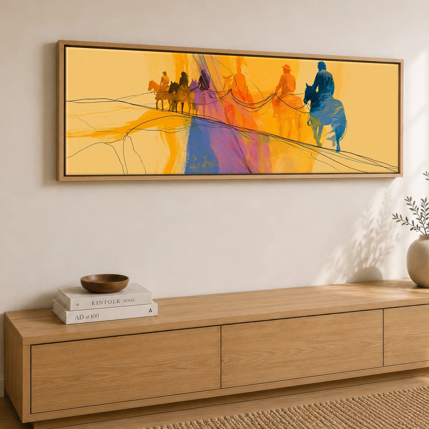Vivid Horizon Horse & Rider panoramic canvas wall art displayed above a sideboard