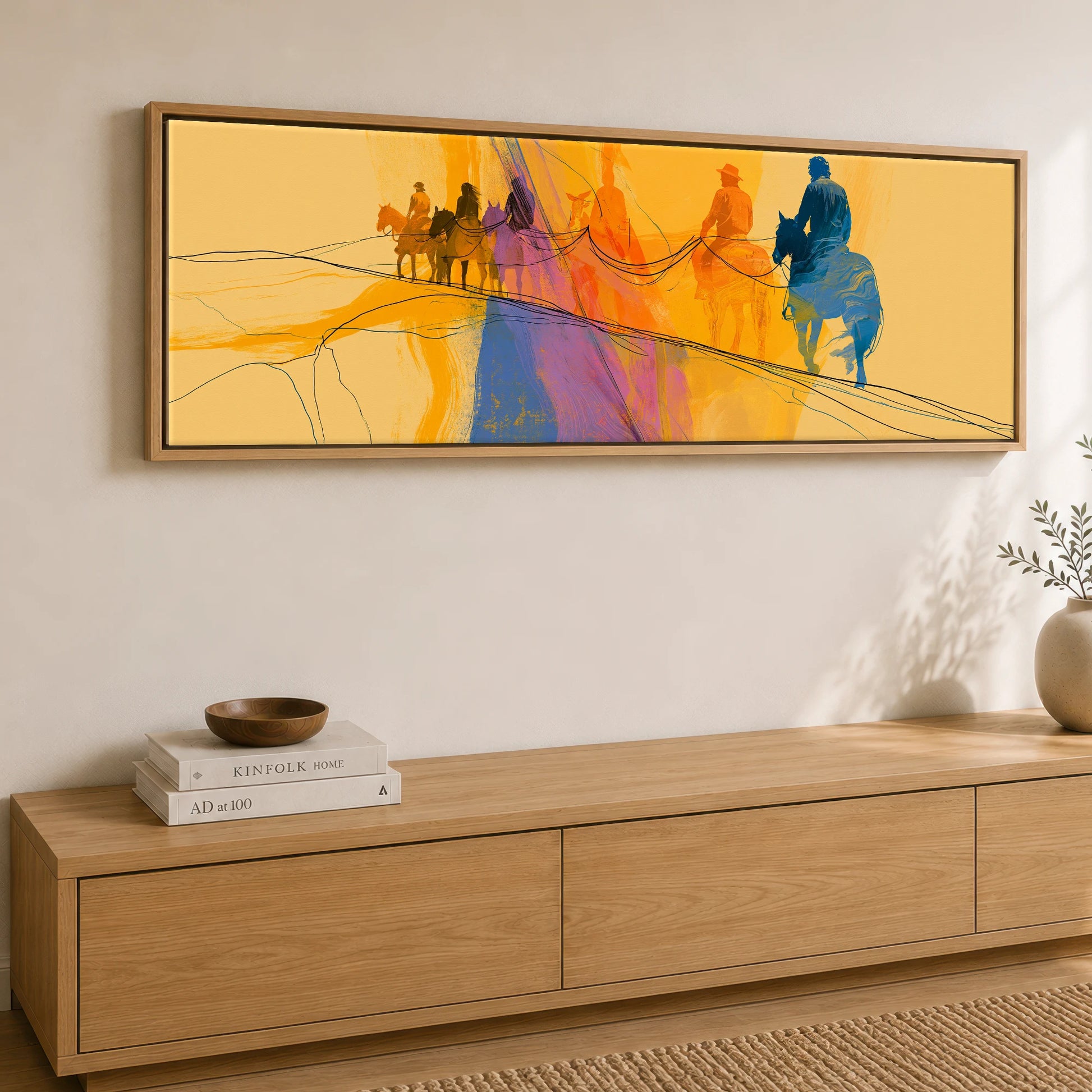 Vivid Horizon Horse & Rider panoramic canvas wall art displayed above a sideboard