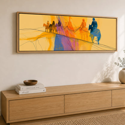 Vivid Horizon Horse & Rider panoramic canvas wall art displayed above a sideboard