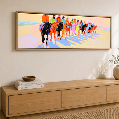 Technicolour Parade Racing Horse panoramic canvas wall art displayed above a sideboard