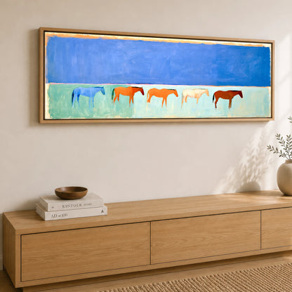 Painted Beach Lineup Beach Horse panoramic canvas wall art displayed above a sideboard