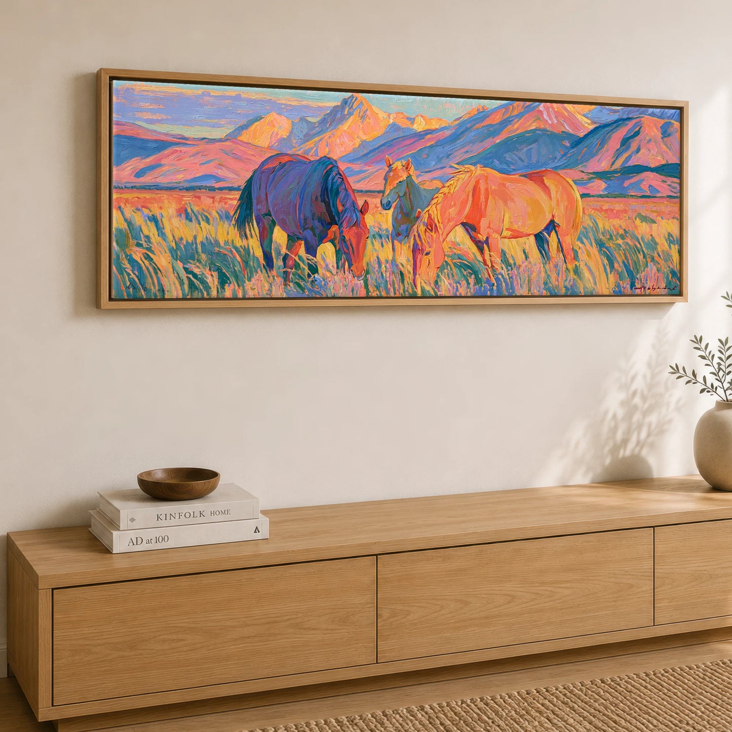 Vibrant High Country Grazing Horse Landscape panoramic canvas wall art displayed above a sideboard