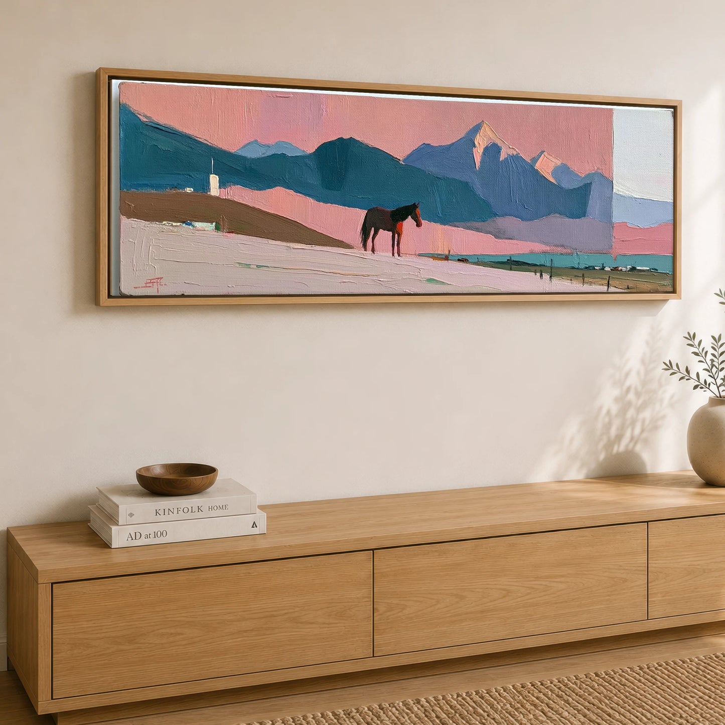 Rose and Teal Horizon Horse Landscape panoramic canvas wall art displayed above a sideboard