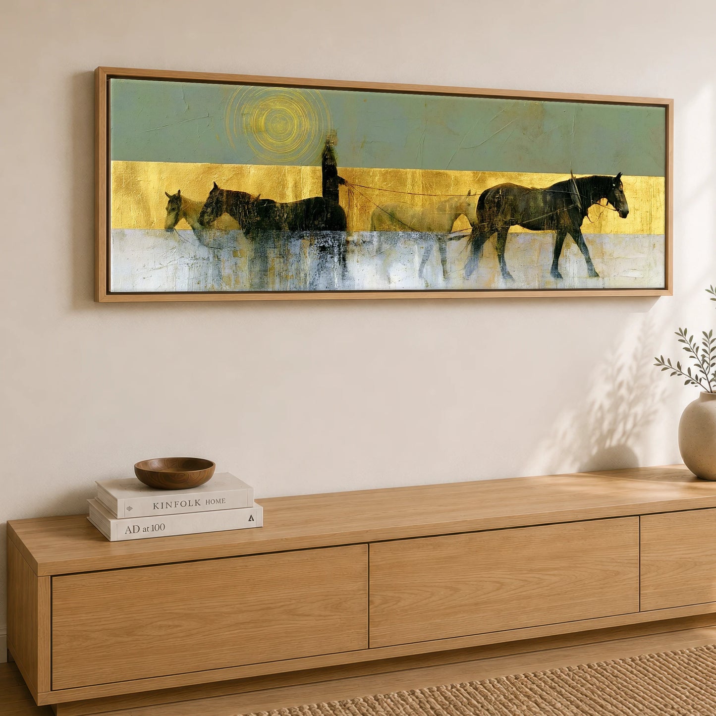 The Gilded String Working Horse panoramic canvas wall art displayed above a sideboard