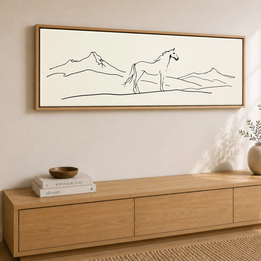 Minimalist Equine Horizon Horse Landscape panoramic canvas wall art displayed above a sideboard