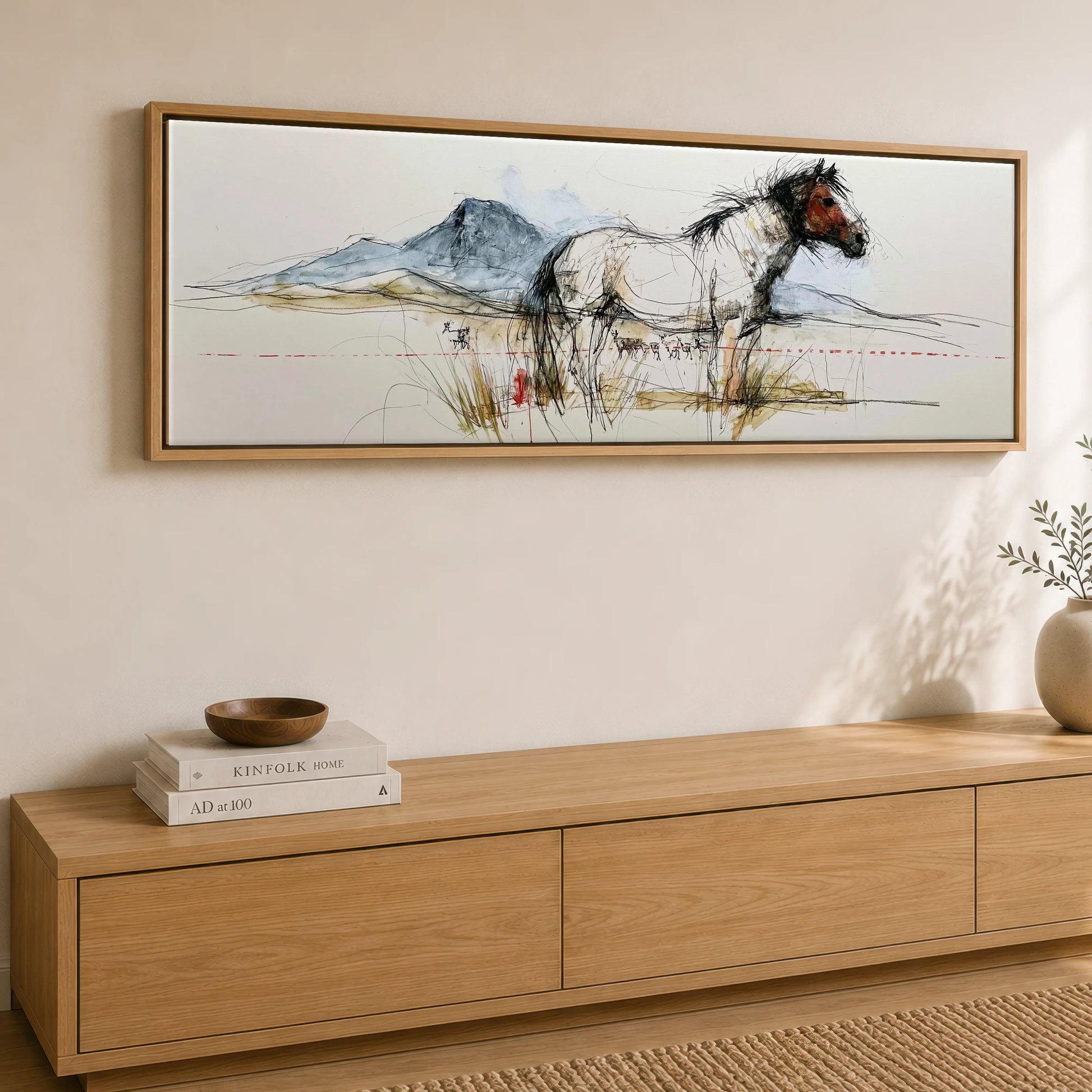 Wild Horizon Sketch Horse Landscape panoramic canvas wall art displayed above a sideboard