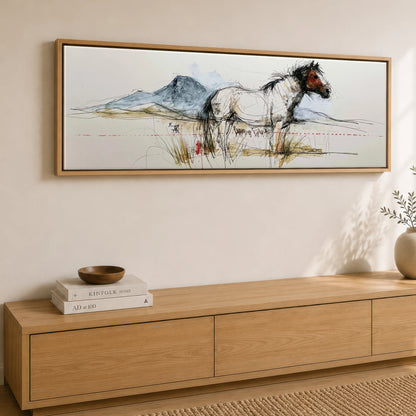 Wild Horizon Sketch Horse Landscape panoramic canvas wall art displayed above a sideboard