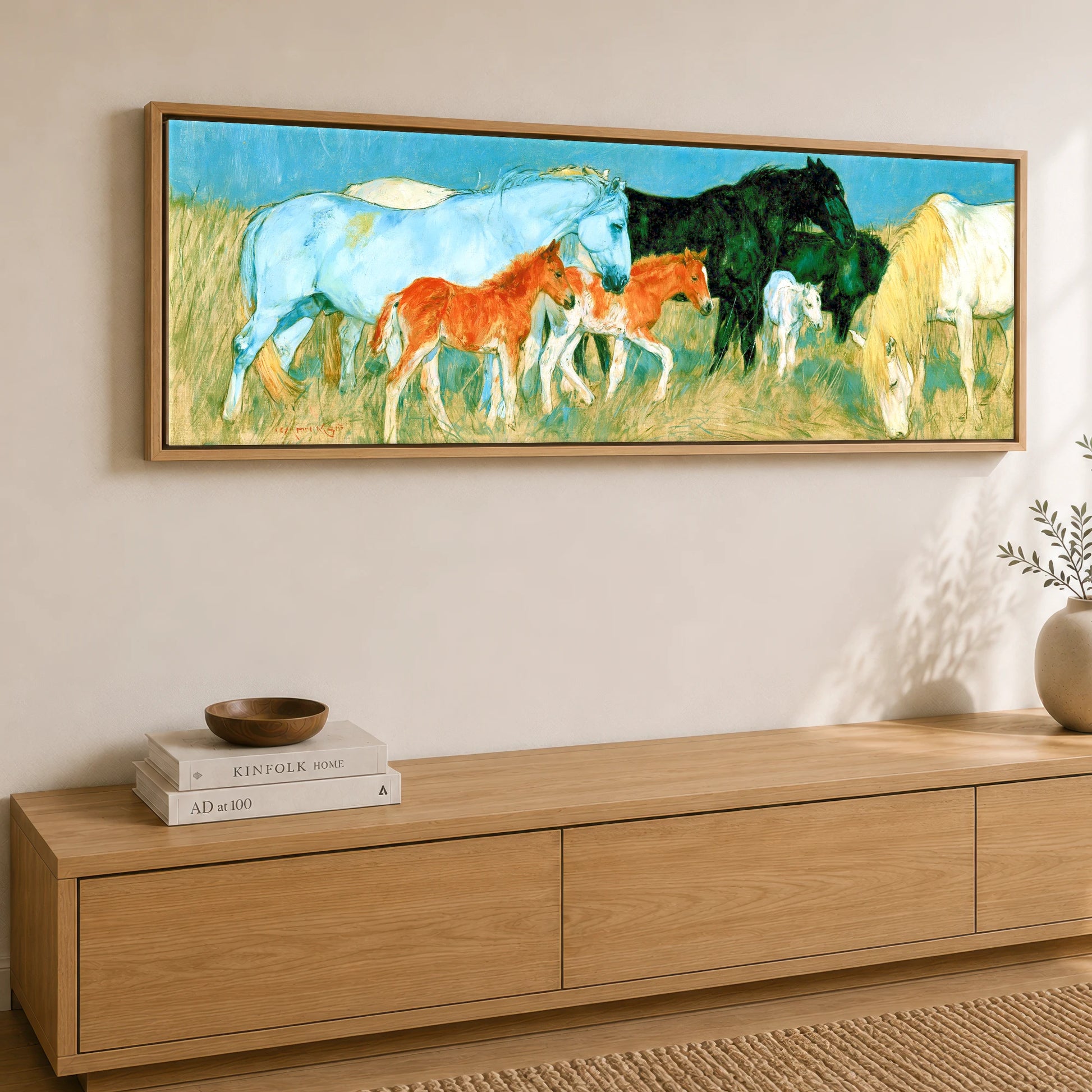 Vibrant Pasture Herd Mare & Foal panoramic canvas wall art displayed above a sideboard
