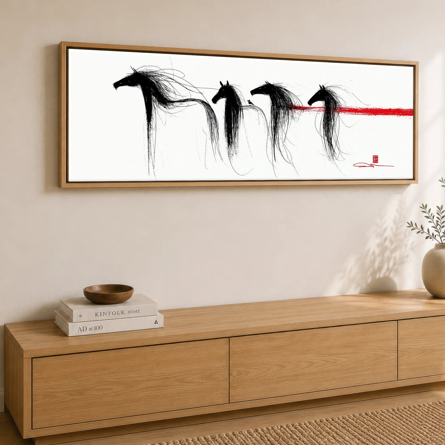 Crimson Streak Equines Wild Horses panoramic canvas wall art displayed above a sideboard