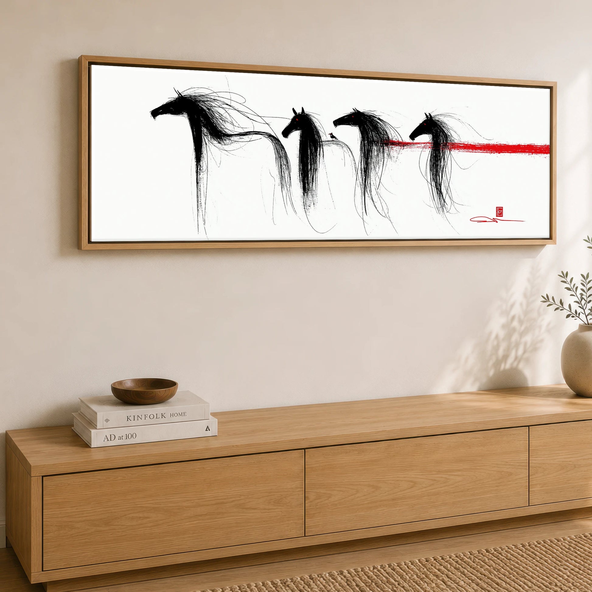 Crimson Streak Equines Wild Horses panoramic canvas wall art displayed above a sideboard