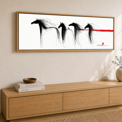 Crimson Streak Equines Wild Horses panoramic canvas wall art displayed above a sideboard