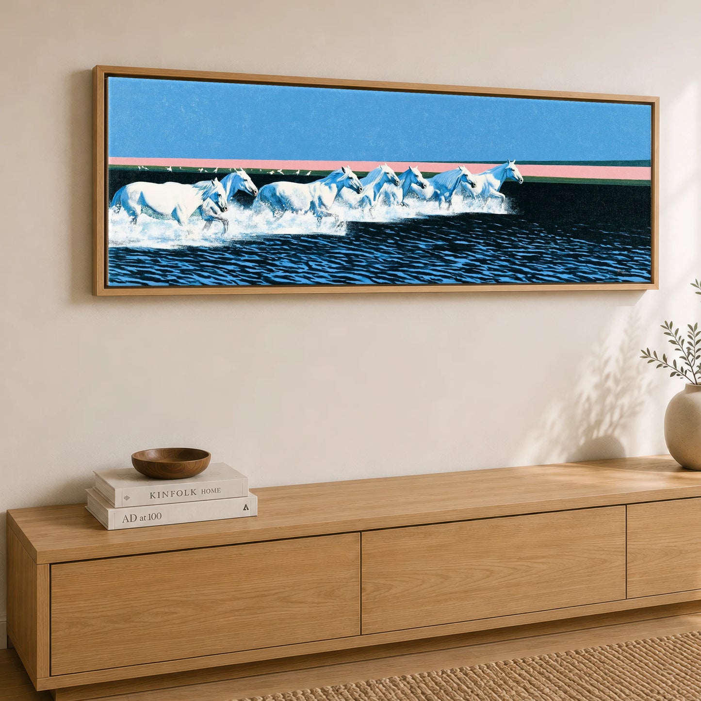 Azure Coastal Gallop Horse Landscape panoramic canvas wall art displayed above a sideboard