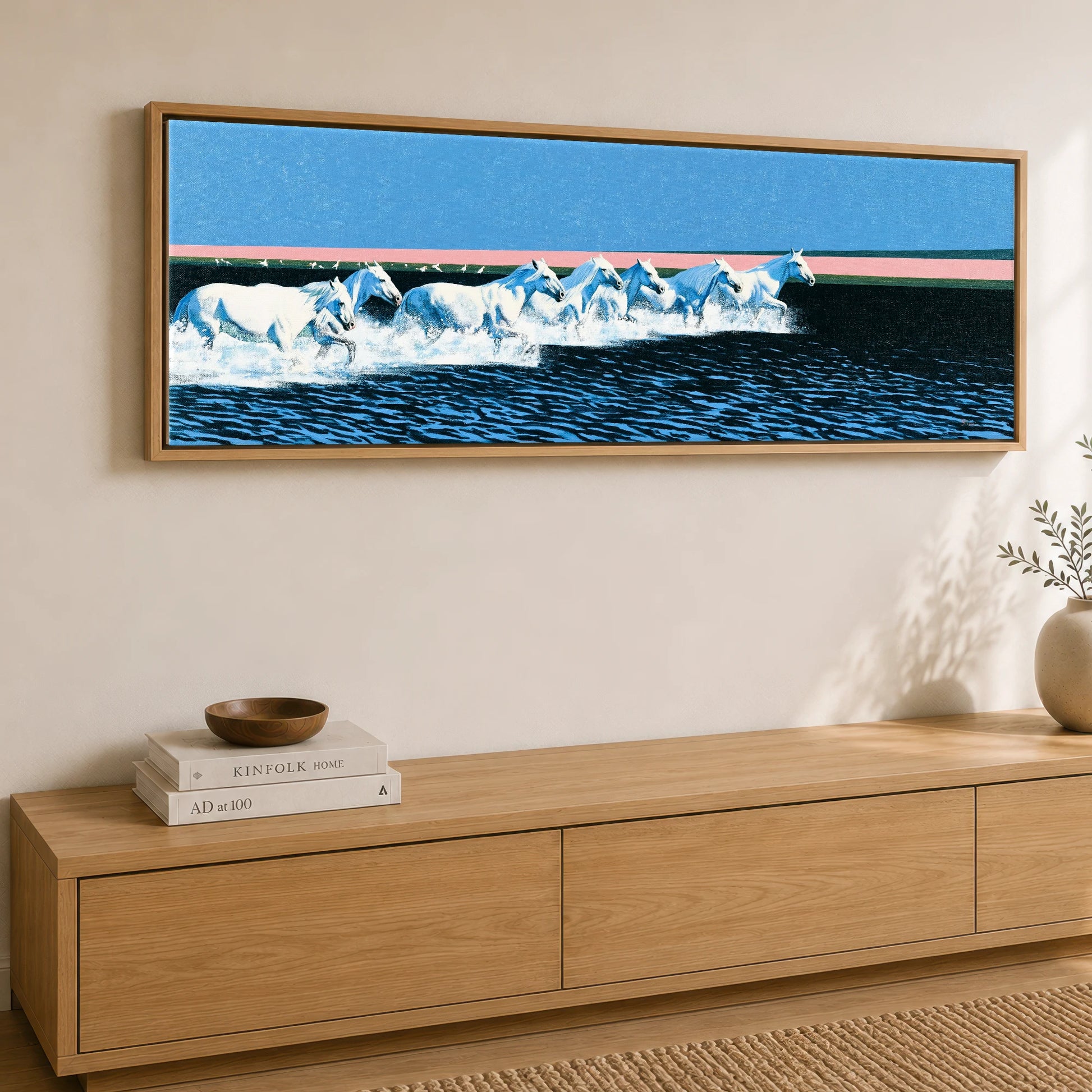 Azure Coastal Gallop Horse Landscape panoramic canvas wall art displayed above a sideboard