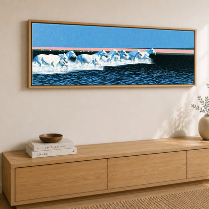 Azure Coastal Gallop Horse Landscape panoramic canvas wall art displayed above a sideboard