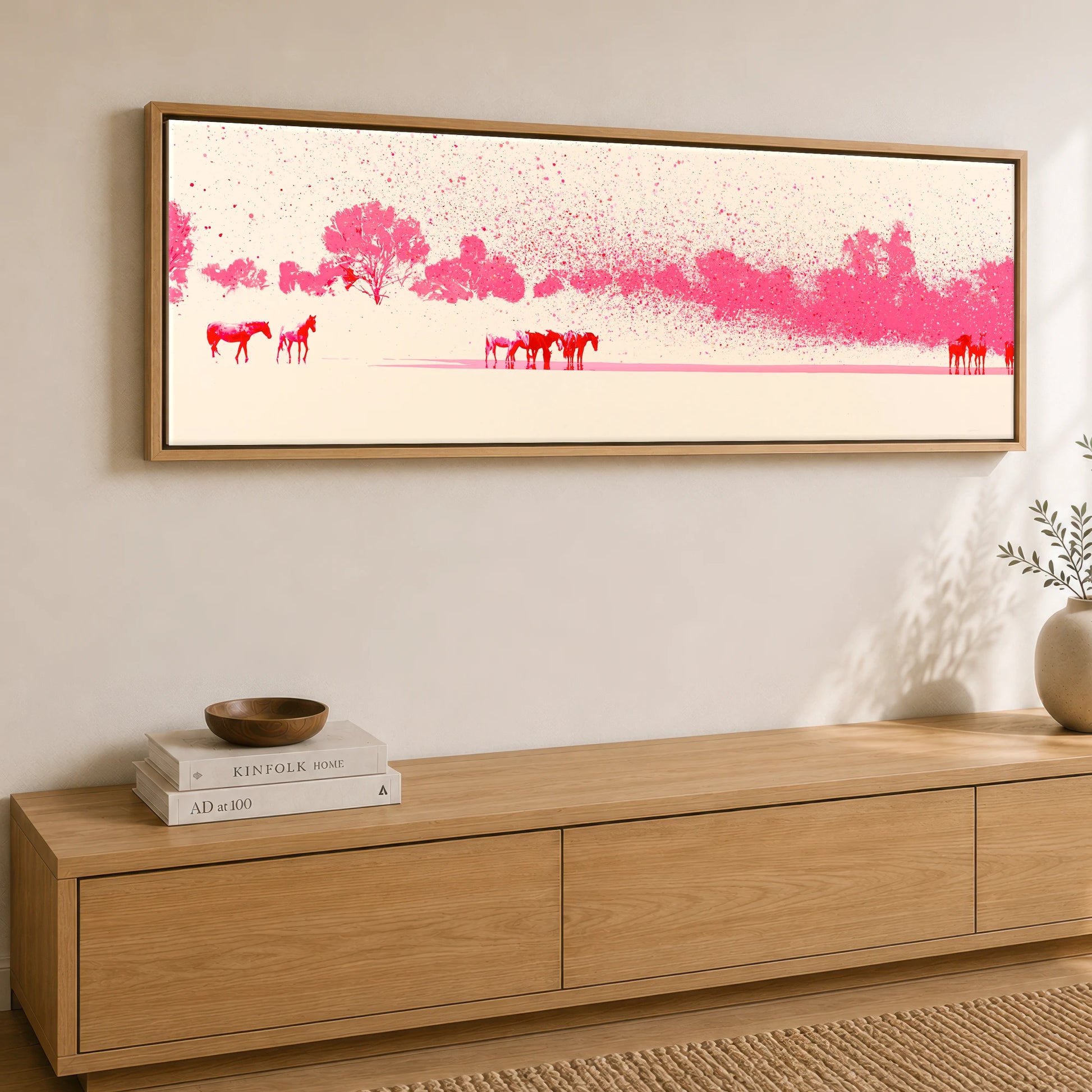 Crimson Mirage Wild Horses panoramic canvas wall art displayed above a sideboard
