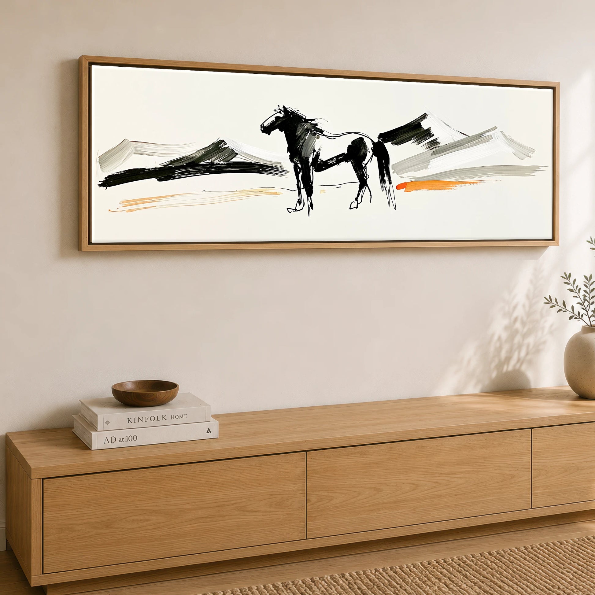 Ink and Amber Horizon Horse Landscape panoramic canvas wall art displayed above a sideboard