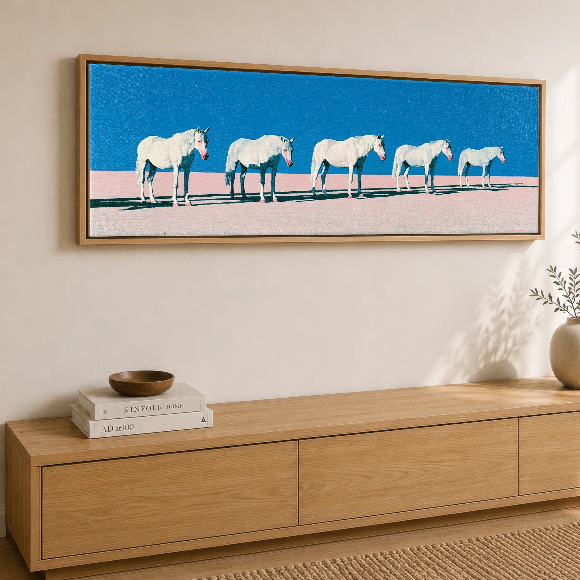 Rhythm in Azure Horse Landscape panoramic canvas wall art displayed above a sideboard