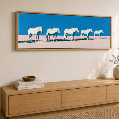 Rhythm in Azure Horse Landscape panoramic canvas wall art displayed above a sideboard