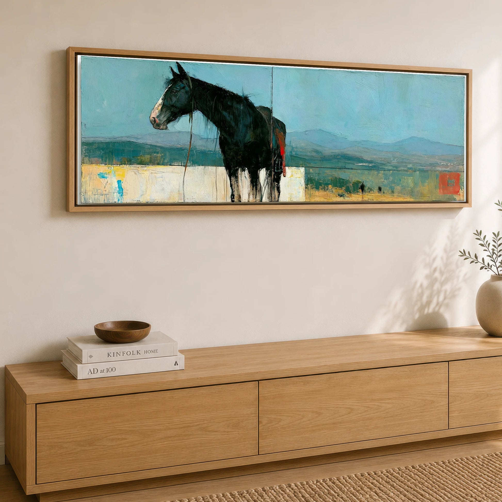 Shadows on the Teal Horizon Horse Landscape panoramic canvas wall art displayed above a sideboard
