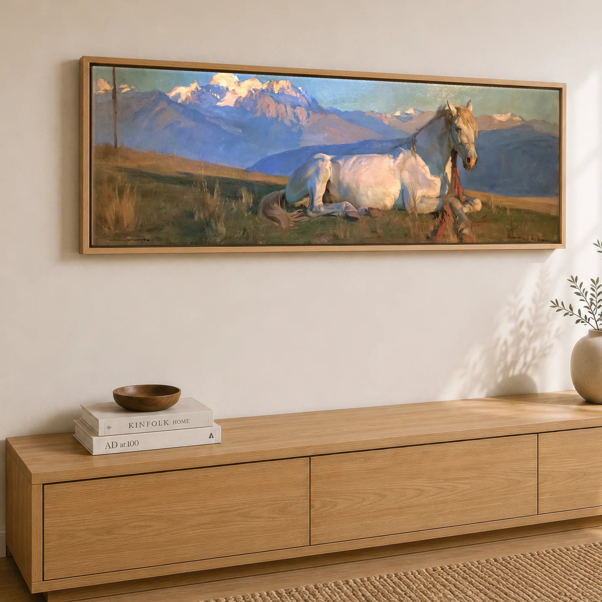 Alpine Slumber Horse Landscape panoramic canvas wall art displayed above a sideboard
