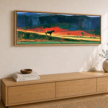 The Crimson Ridge Horse Landscape panoramic canvas wall art displayed above a sideboard
