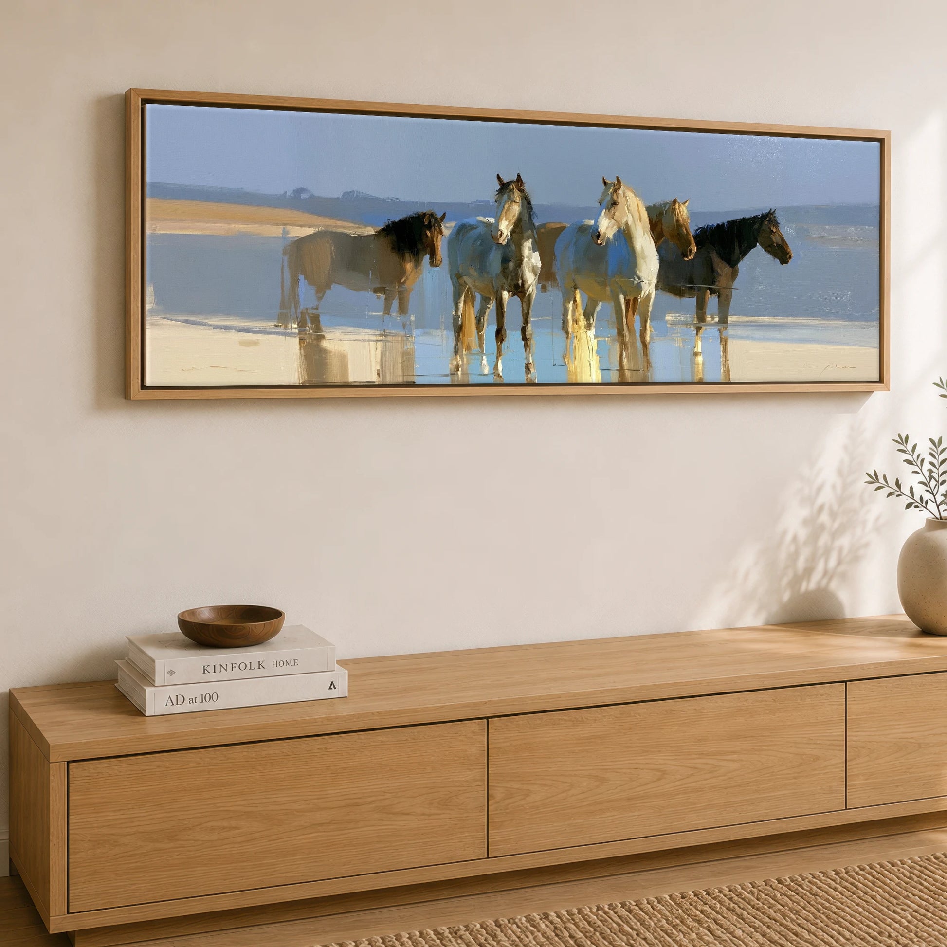 Stillness in the Shallows Horse Landscape panoramic canvas wall art displayed above a sideboard