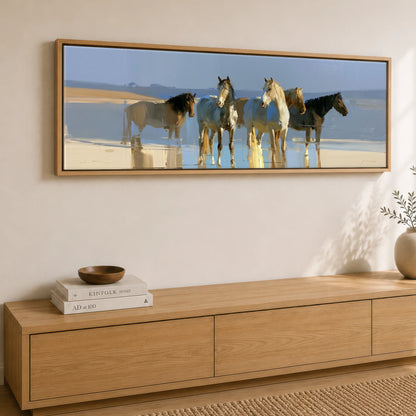 Stillness in the Shallows Horse Landscape panoramic canvas wall art displayed above a sideboard