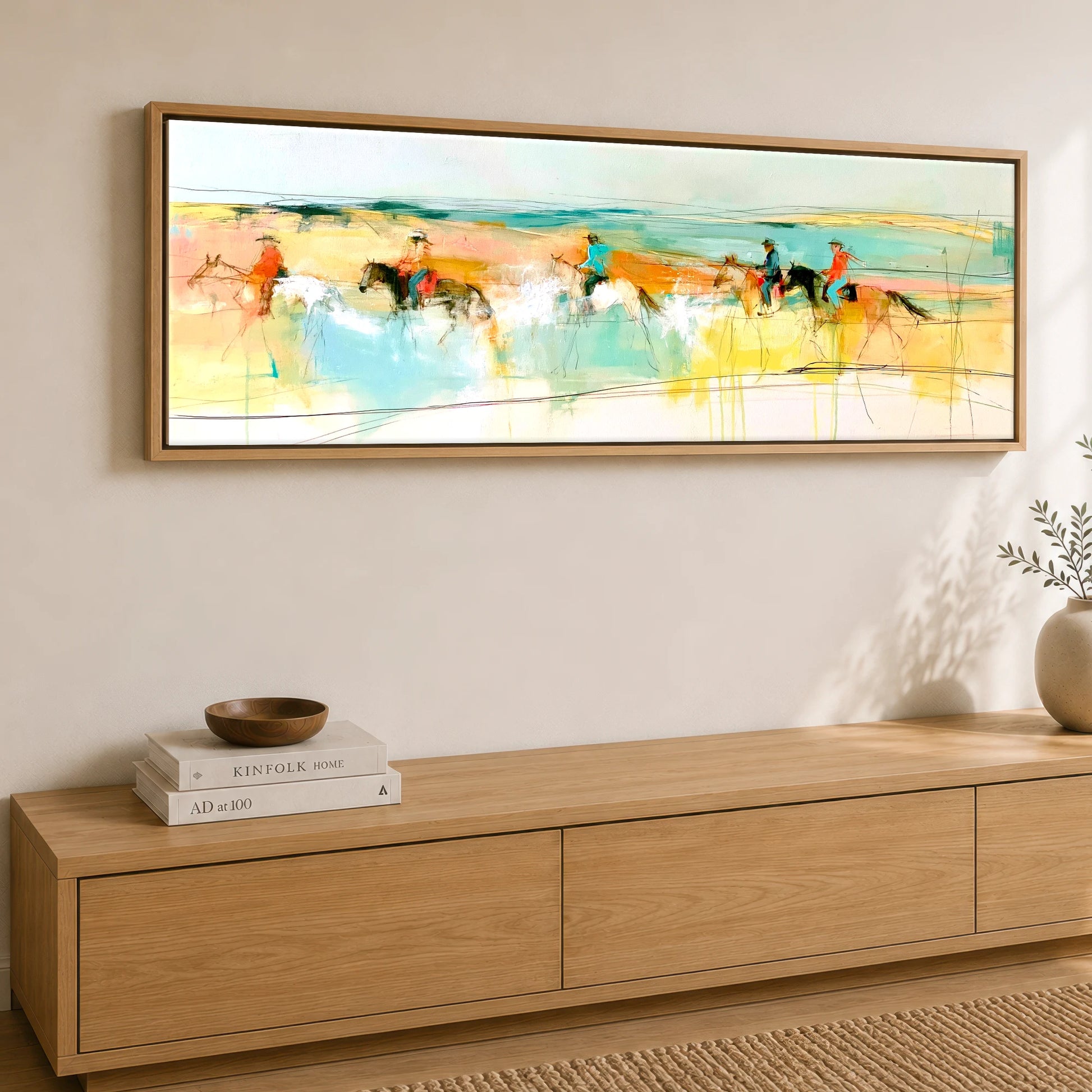 Vibrant Coastal Ride Beach Horse panoramic canvas wall art displayed above a sideboard