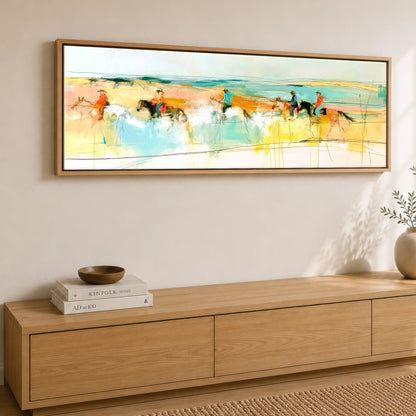 Vibrant Coastal Ride Beach Horse panoramic canvas wall art displayed above a sideboard