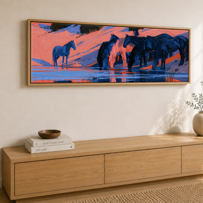 Indigo and Coral Herd Wild Horses panoramic canvas wall art displayed above a sideboard
