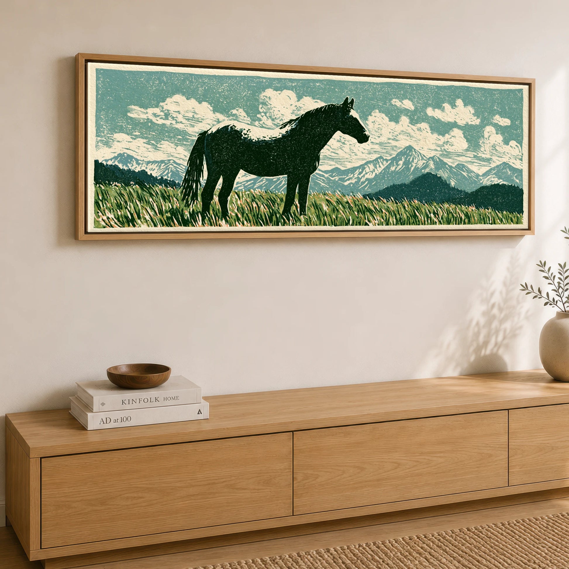 Rustic Range Silhouette Horse Landscape panoramic canvas wall art displayed above a sideboard