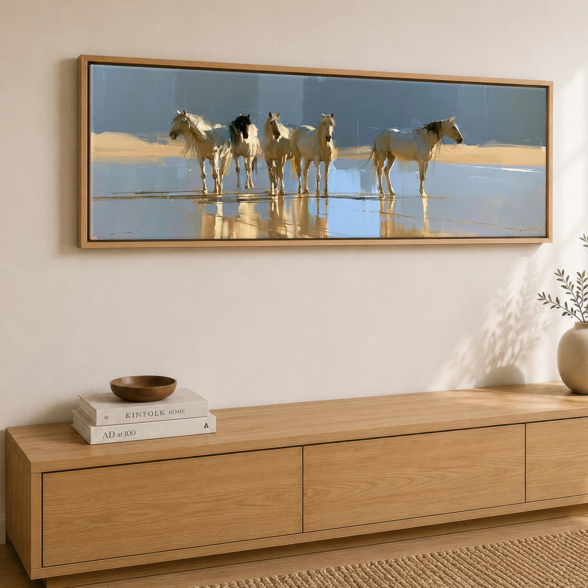 Coastal Reflections Beach Horse panoramic canvas wall art displayed above a sideboard