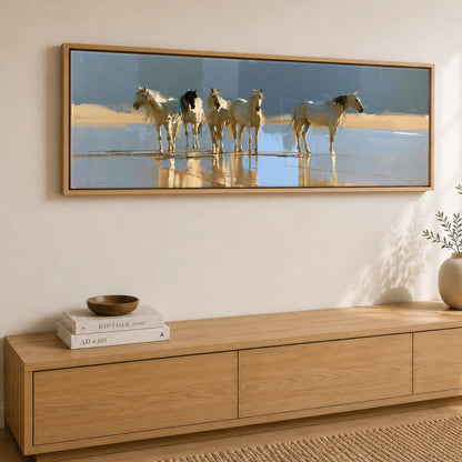 Coastal Reflections Beach Horse panoramic canvas wall art displayed above a sideboard