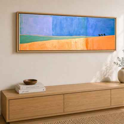 Vast Blue Horizons Horse & Rider panoramic canvas wall art displayed above a sideboard