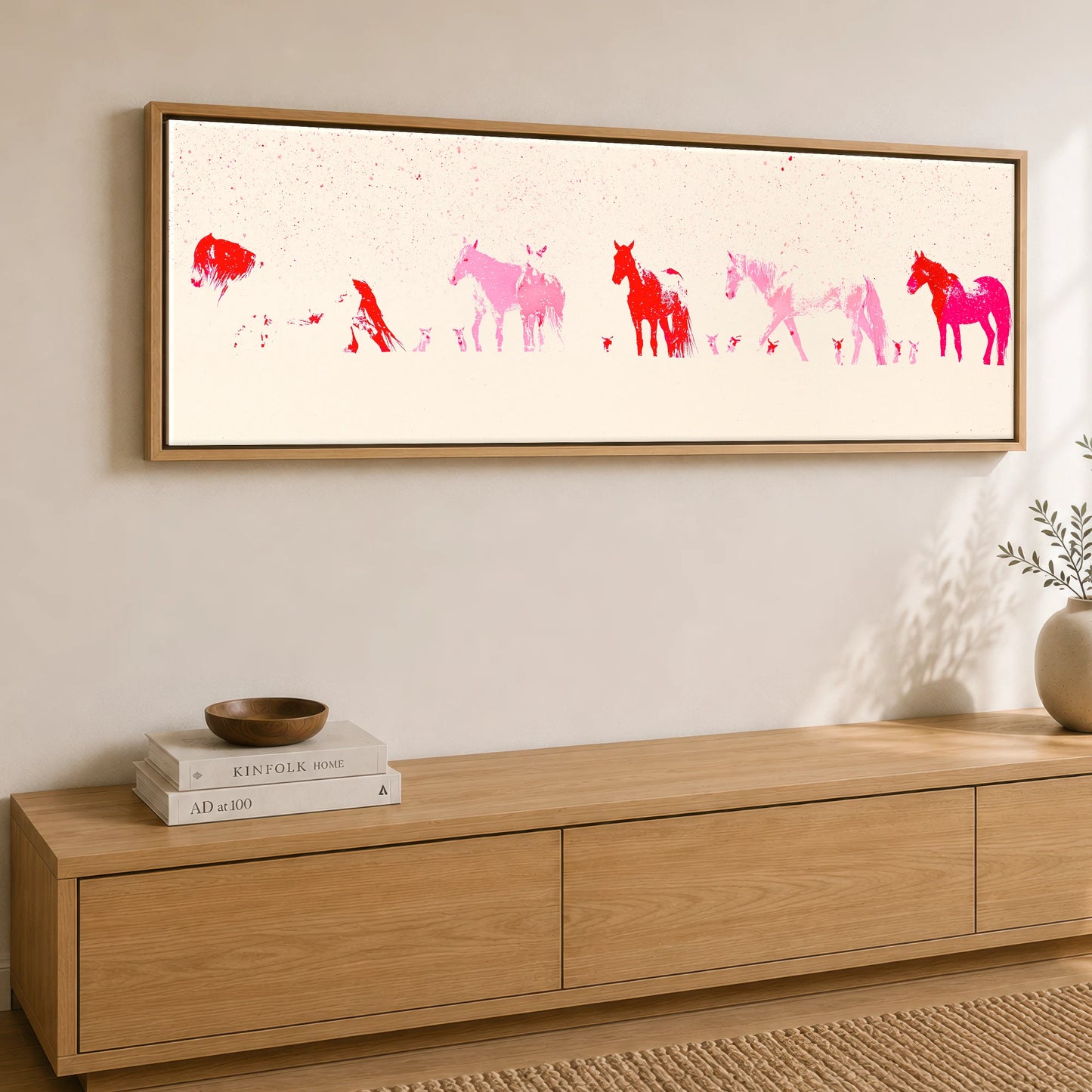 Crimson Ink Procession Horse Landscape panoramic canvas wall art displayed above a sideboard