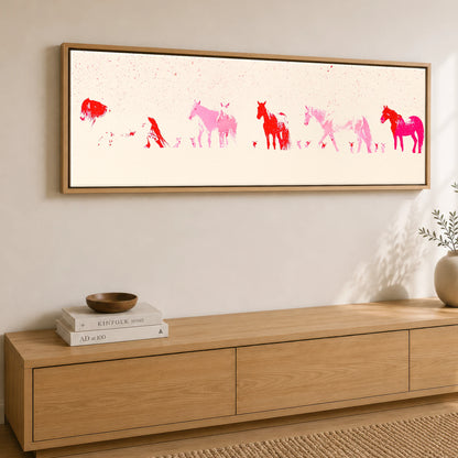 Crimson Ink Procession Horse Landscape panoramic canvas wall art displayed above a sideboard