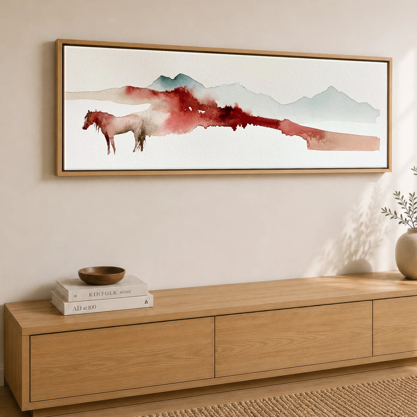 Crimson Ridge Horizon Horse Landscape panoramic canvas wall art displayed above a sideboard