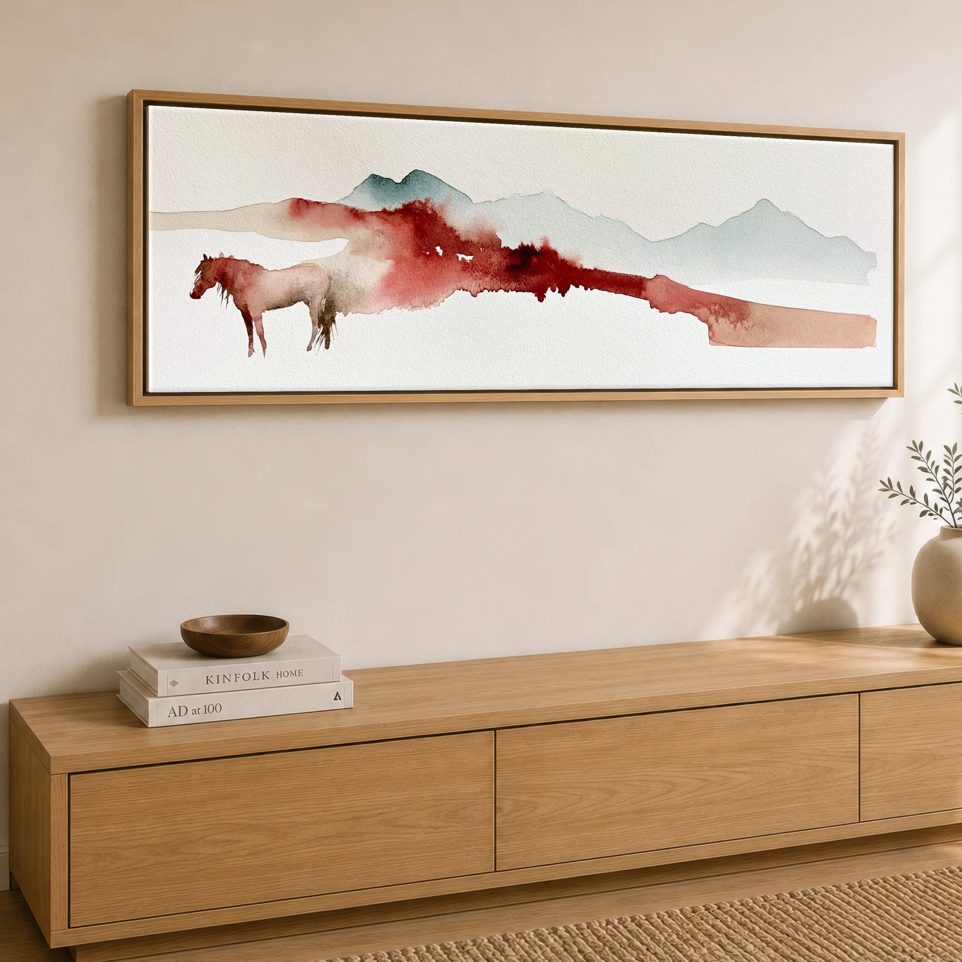 Crimson Ridge Horizon Horse Landscape panoramic canvas wall art displayed above a sideboard