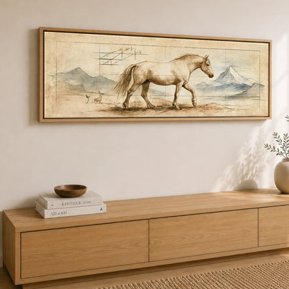 Classical Equine Study Horse Landscape panoramic canvas wall art displayed above a sideboard