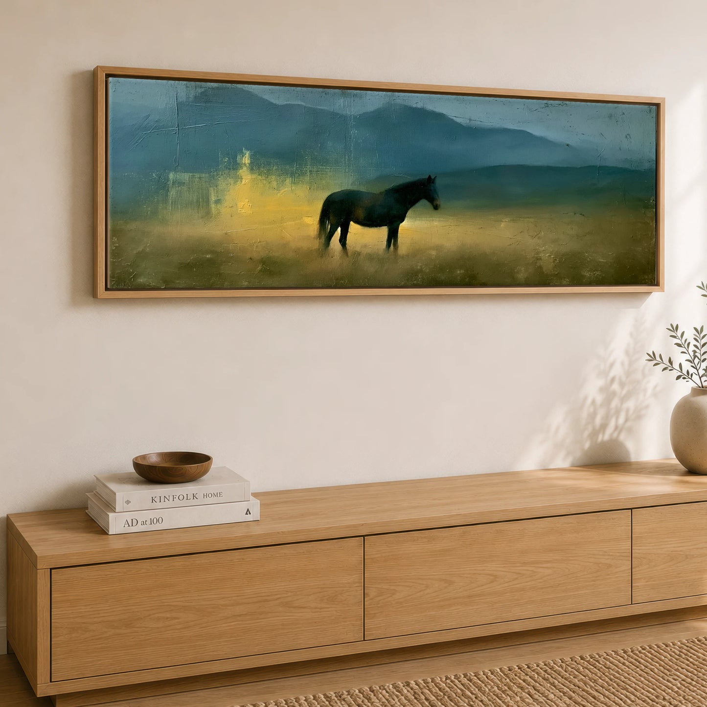 Echoes in Gold Horse Landscape panoramic canvas wall art displayed above a sideboard