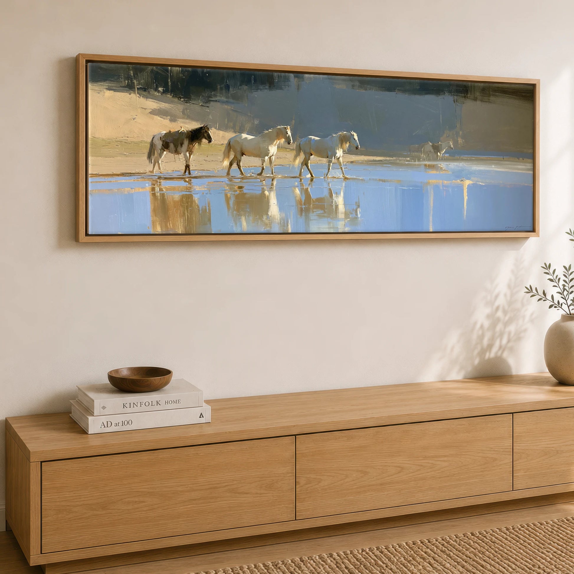 Sunlit Shallows Horse Landscape panoramic canvas wall art displayed above a sideboard