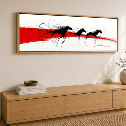 The Crimson Gallop Wild Horses panoramic canvas wall art displayed above a sideboard