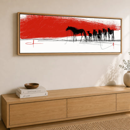 Crimson Horizon Herd Wild Horses panoramic canvas wall art displayed above a sideboard