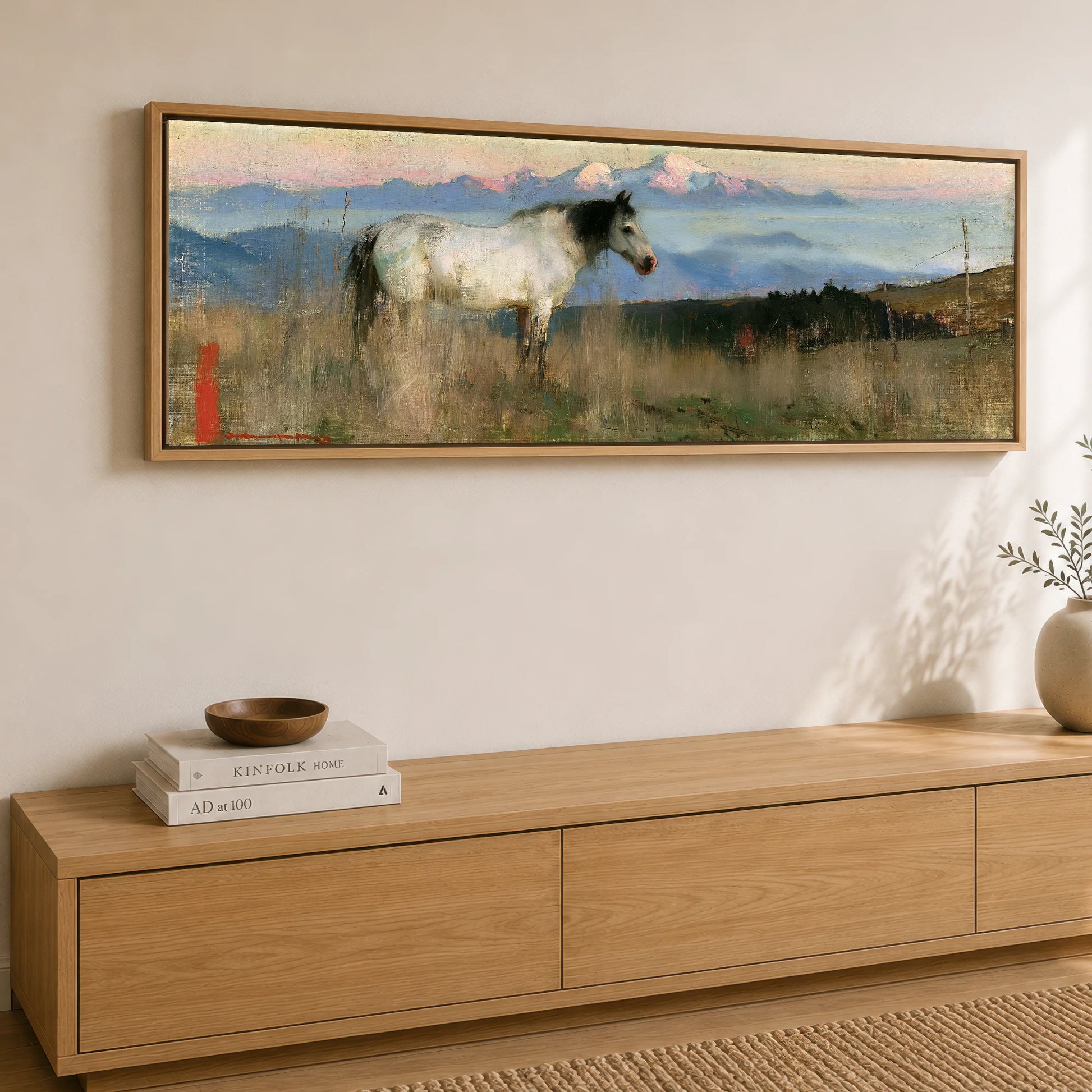 High Country Dawn Horse Landscape panoramic canvas wall art displayed above a sideboard