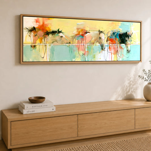 Vibrant Stable Companions Horse Stable panoramic canvas wall art displayed above a sideboard