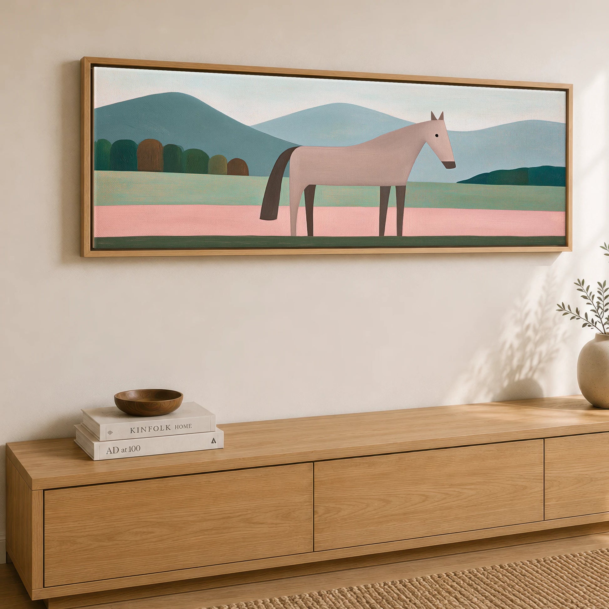 Minimalist Earthy Equine Horse Landscape panoramic canvas wall art displayed above a sideboard