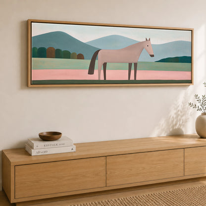 Minimalist Earthy Equine Horse Landscape panoramic canvas wall art displayed above a sideboard