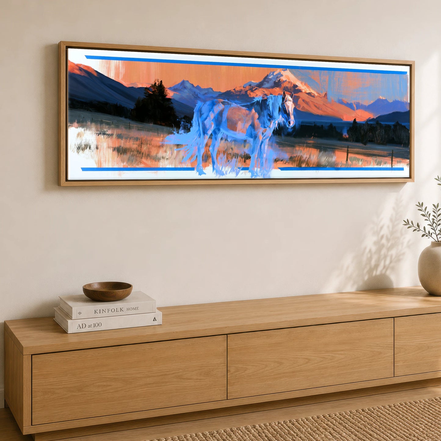 Alpine Glow and Azure Horse Landscape panoramic canvas wall art displayed above a sideboard